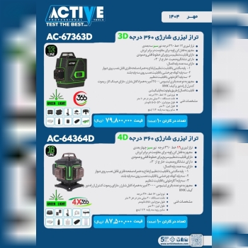 ترازهای لیزری ۳۶۰ درجه نور سبز اکتیو در ۲ مدل مختلف موجود شد و آماده توزیع میباشد 